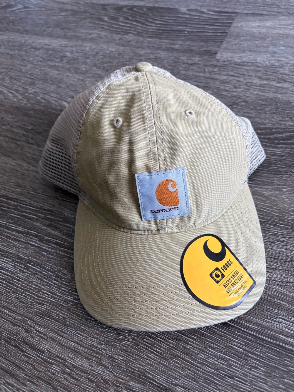 Carhartt Tan Mesh-Back Trucker Cap with Orange Logo Patch